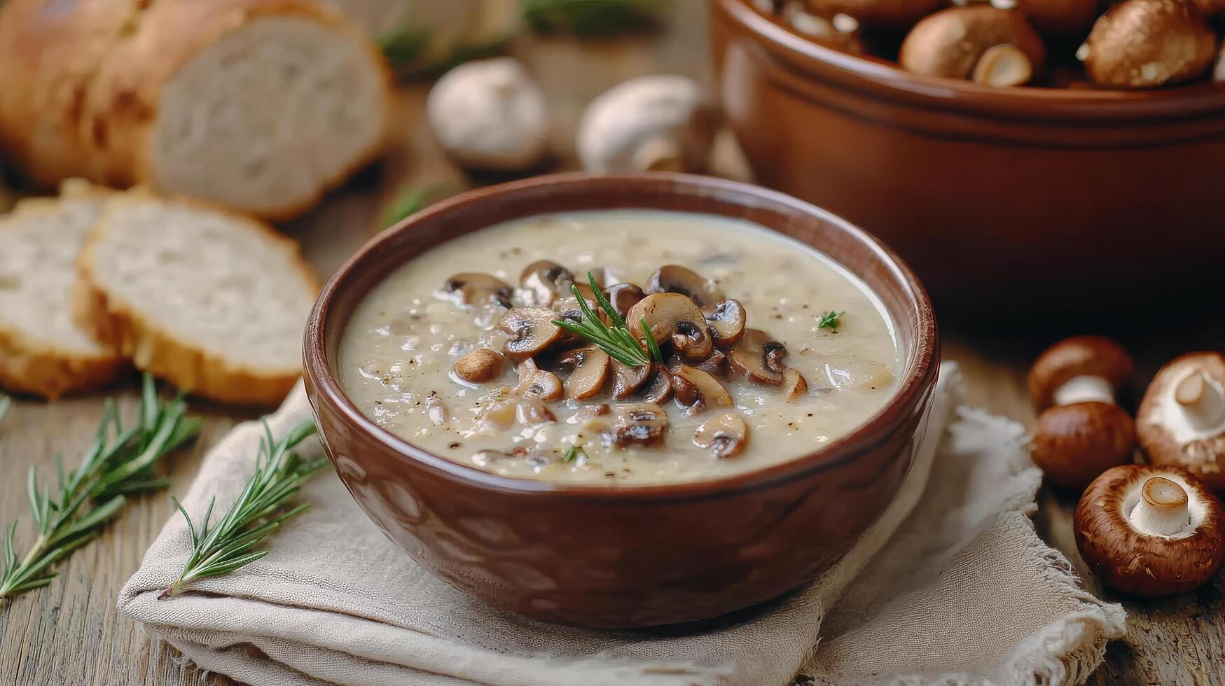 Creamy mushroom soup served with crusty bread and garnished with fresh herbs on a wooden table photo