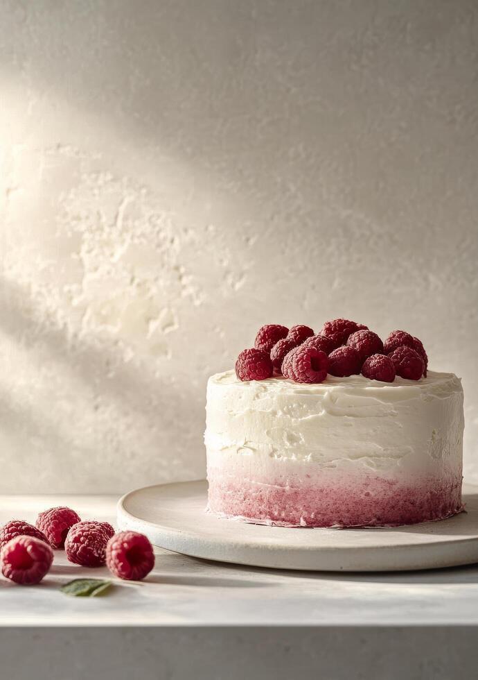 A beautiful raspberry cheesecake with fresh berries on a sunlit table in a cozy setting photo