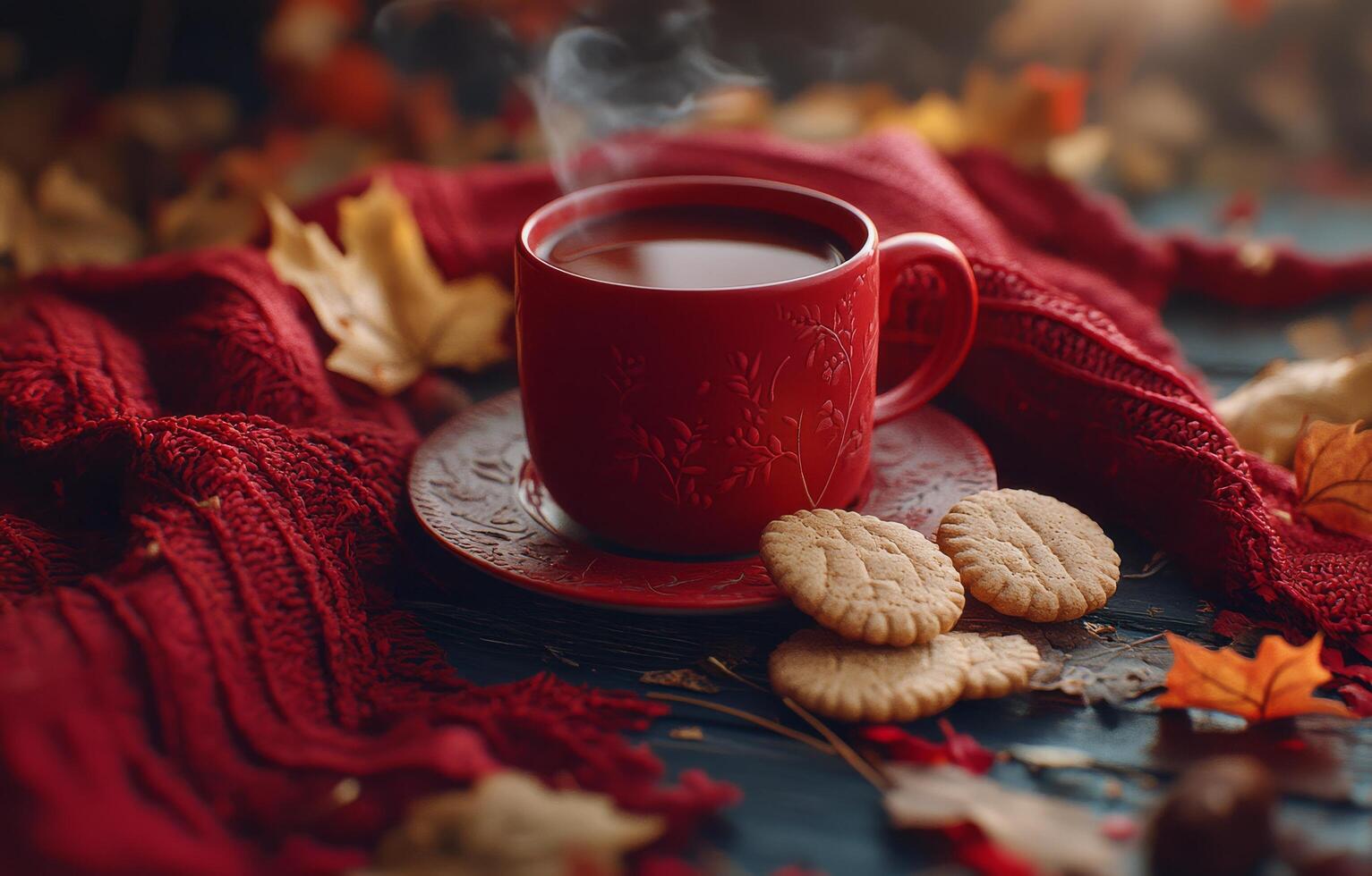 Warm autumn vibes with a steaming cup of tea and cookies surrounded by colorful leaves photo