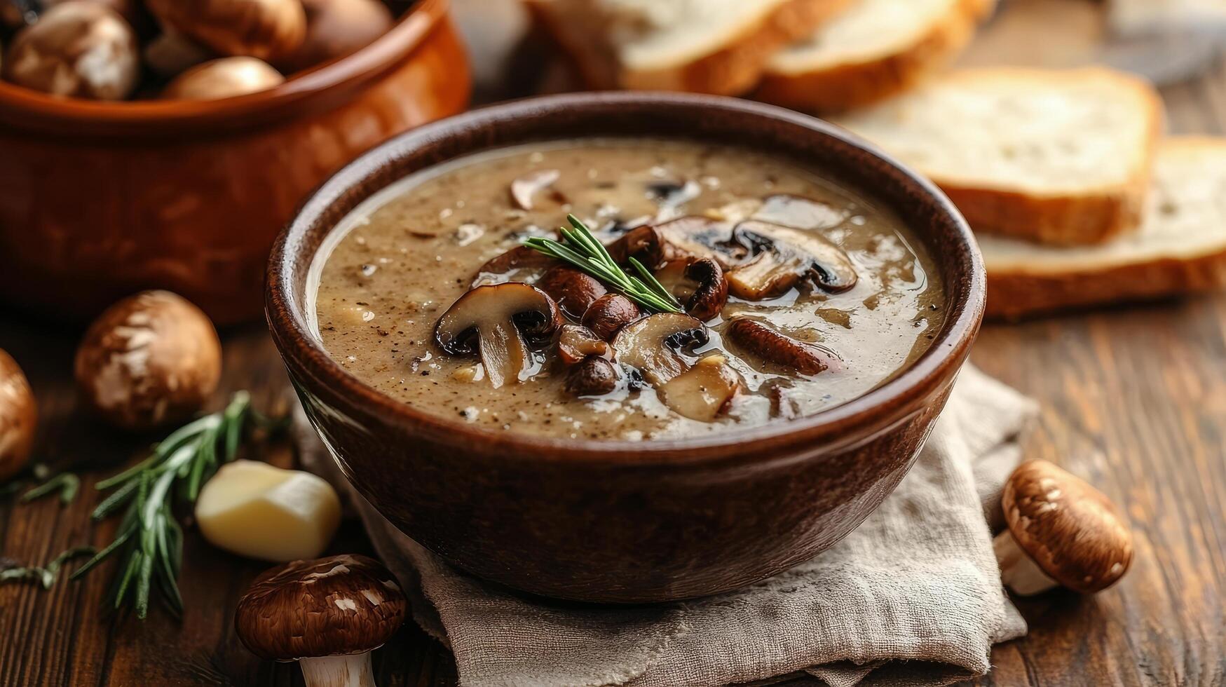 Creamy mushroom soup served with crusty bread and garnished with fresh herbs on a wooden table photo