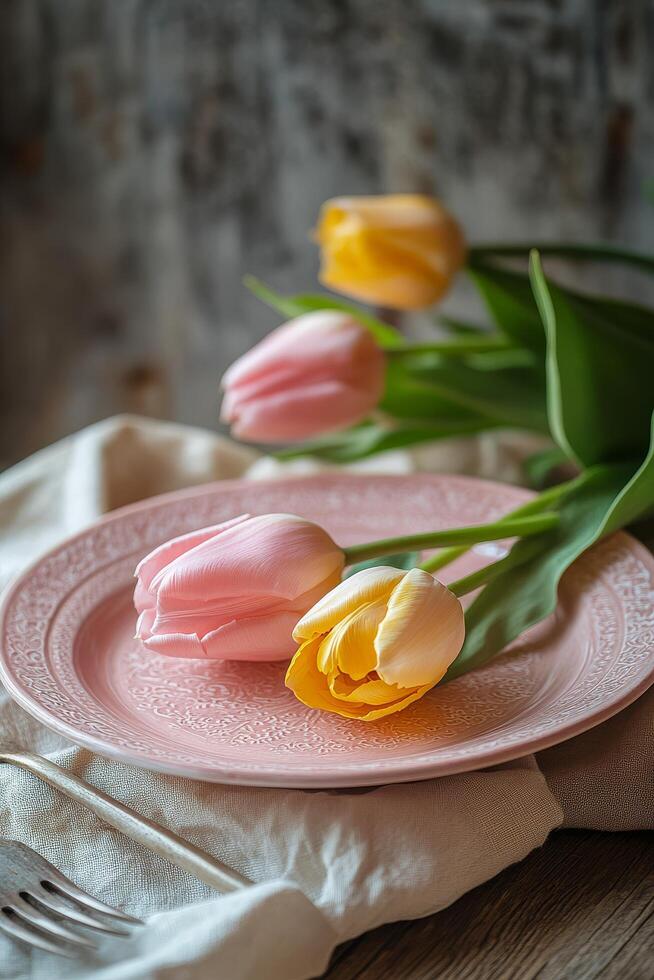 vistoso tulipanes arreglado en un rosado plato con un Clásico tenedor junto a ellos durante primavera foto
