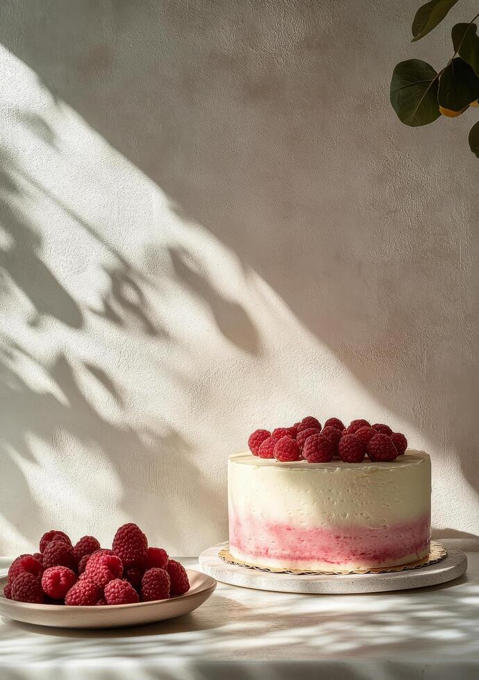 A beautiful raspberry cheesecake with fresh berries on a sunlit table in a cozy setting photo