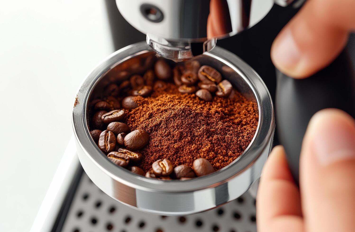 Brewing a fresh espresso shot with coffee grounds and beans in a modern coffee machine photo