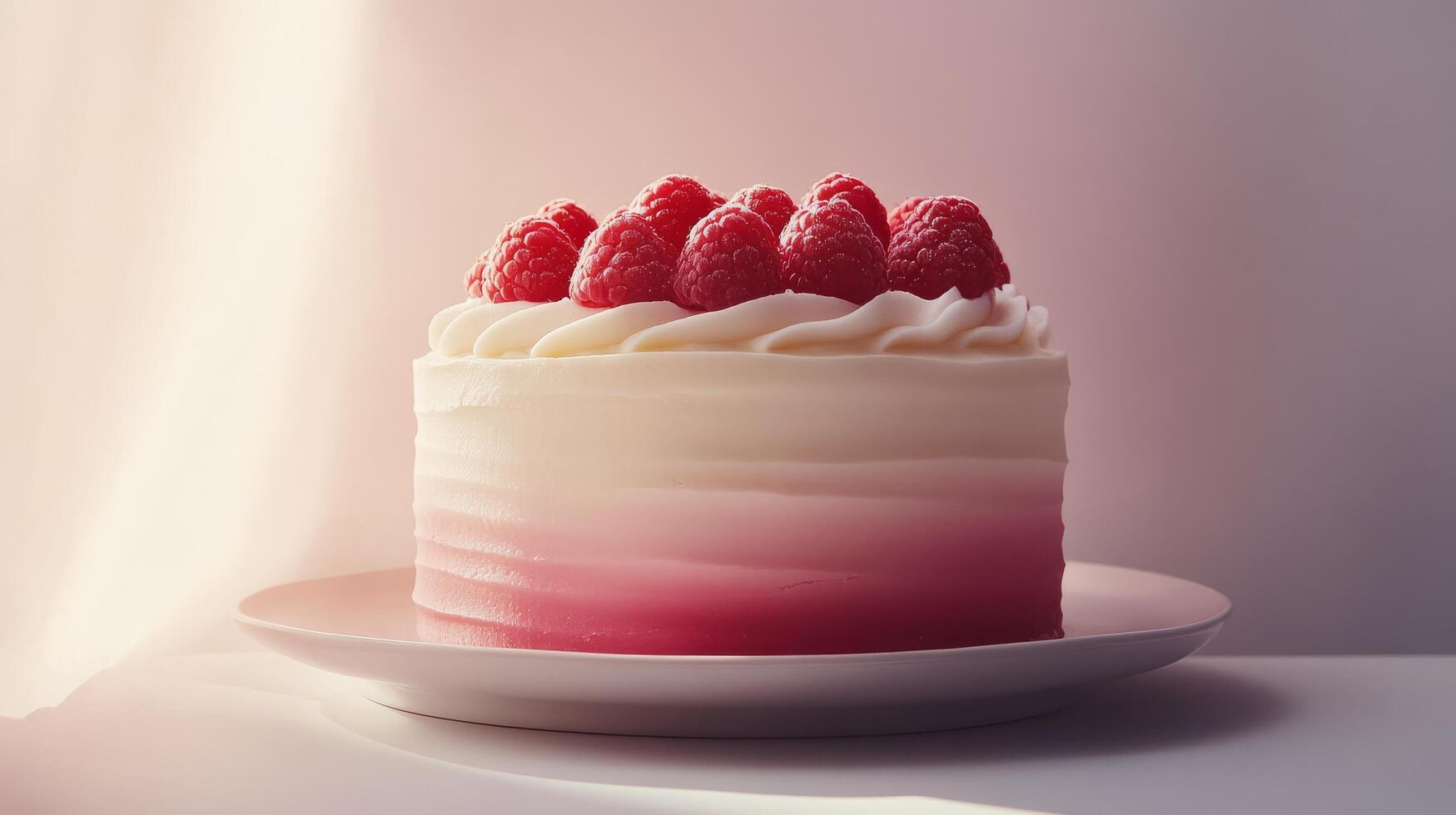 Delicious three layer raspberry mousse cake topped with fresh berries on a white background photo