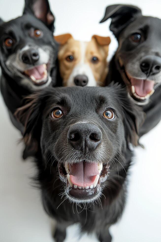 Four happy dogs posing together in a cozy indoor setting during daylight photo