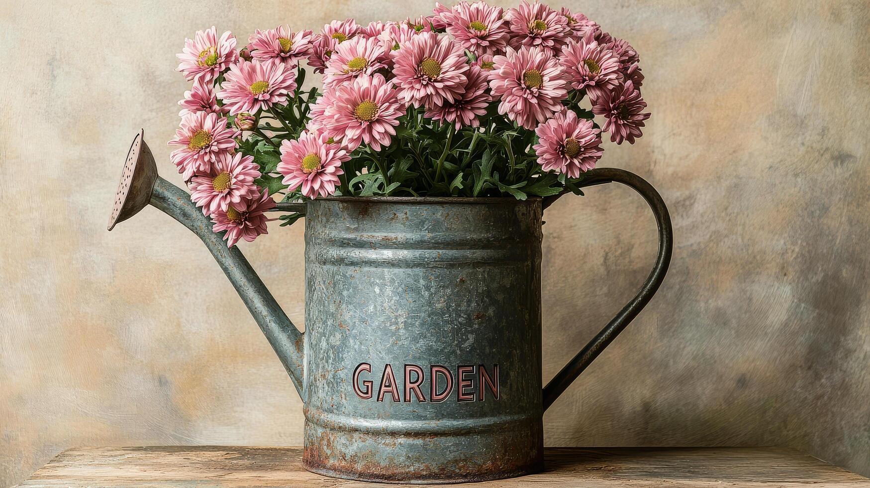 A vintage watering can filled with vibrant pink daisies in a rustic garden setting photo