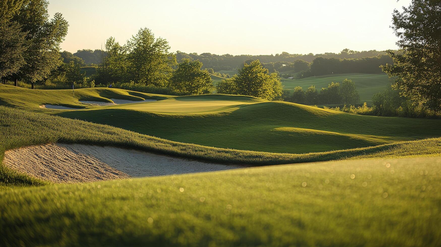A serene golf course at sunset, showcasing lush greens and sandy bunkers in a tranquil setting photo