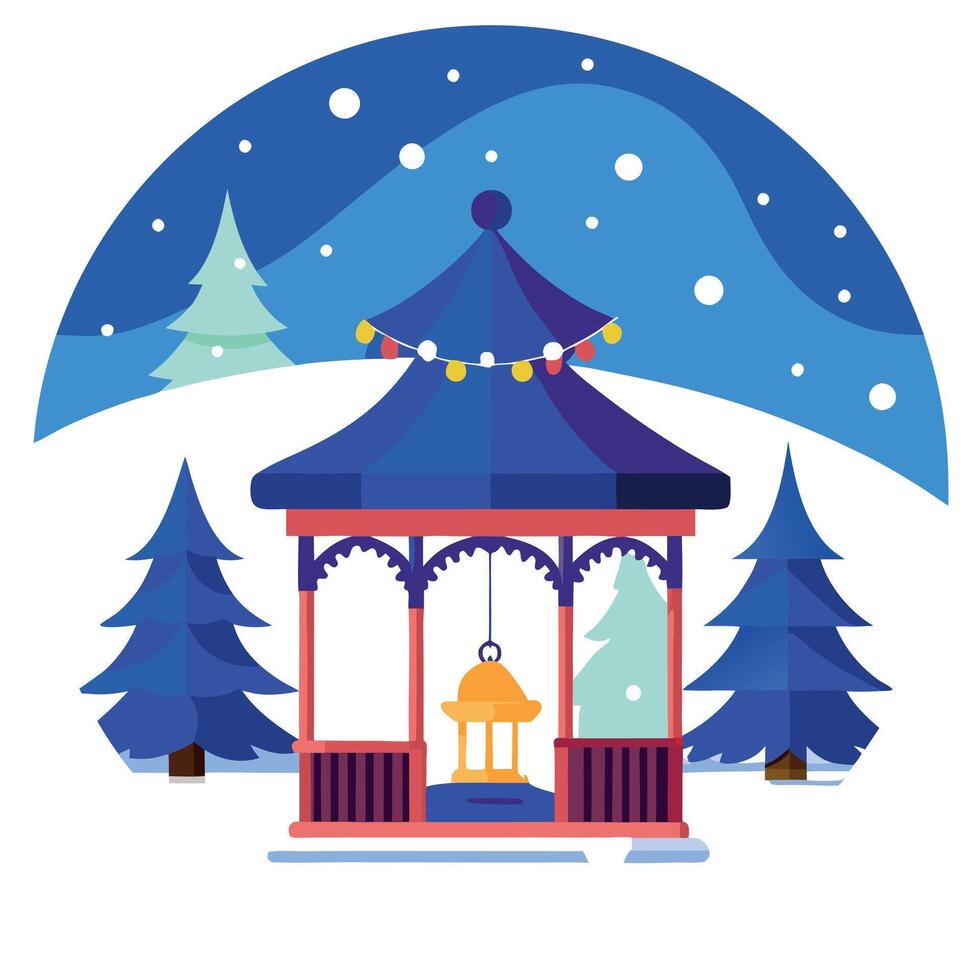 Snow-covered gazebo adorned with twinkling lights and a glimpse of Santa's sleigh. vector