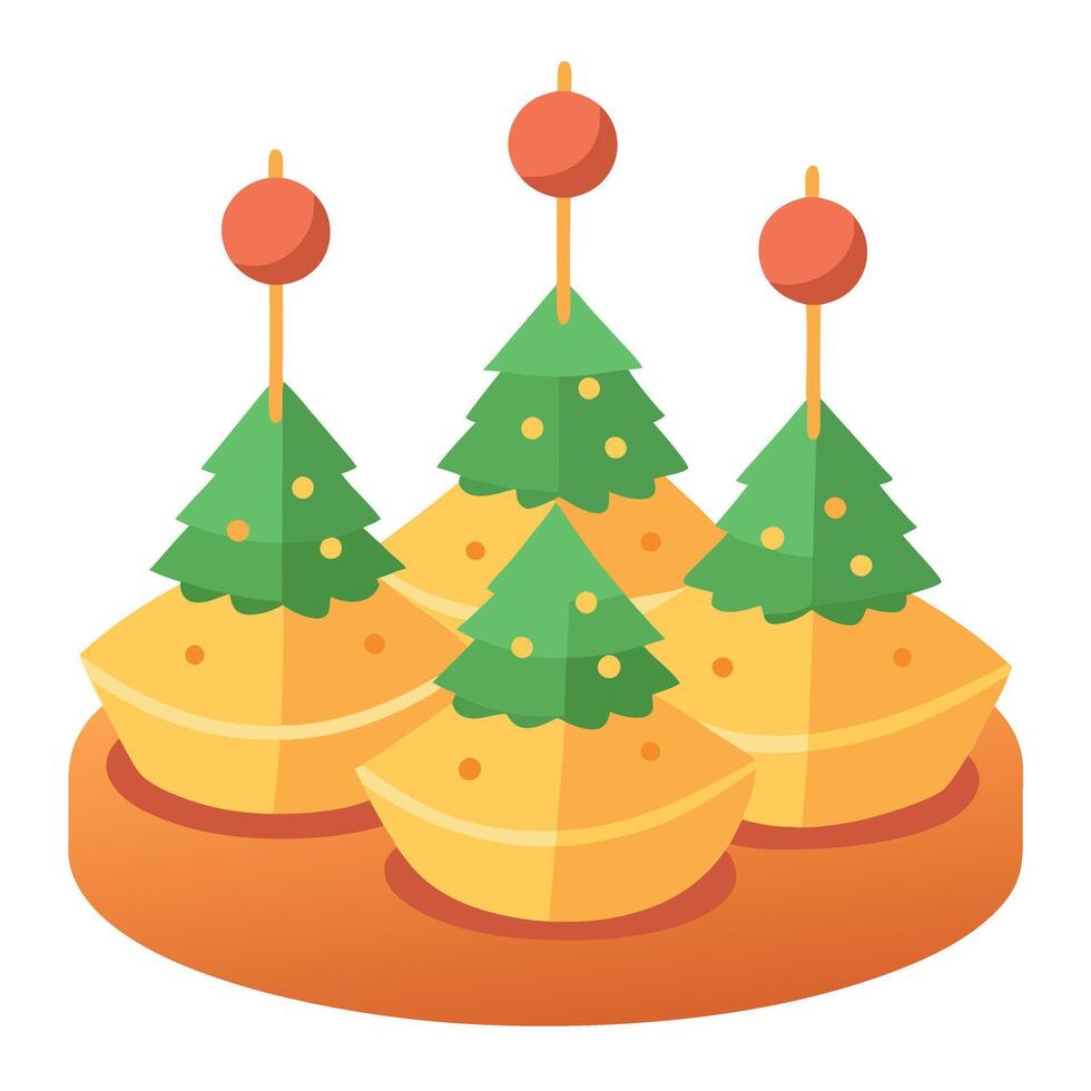 Festive Christmas Tree Bites. Cheese canapes in the shape of Christmas trees. vector