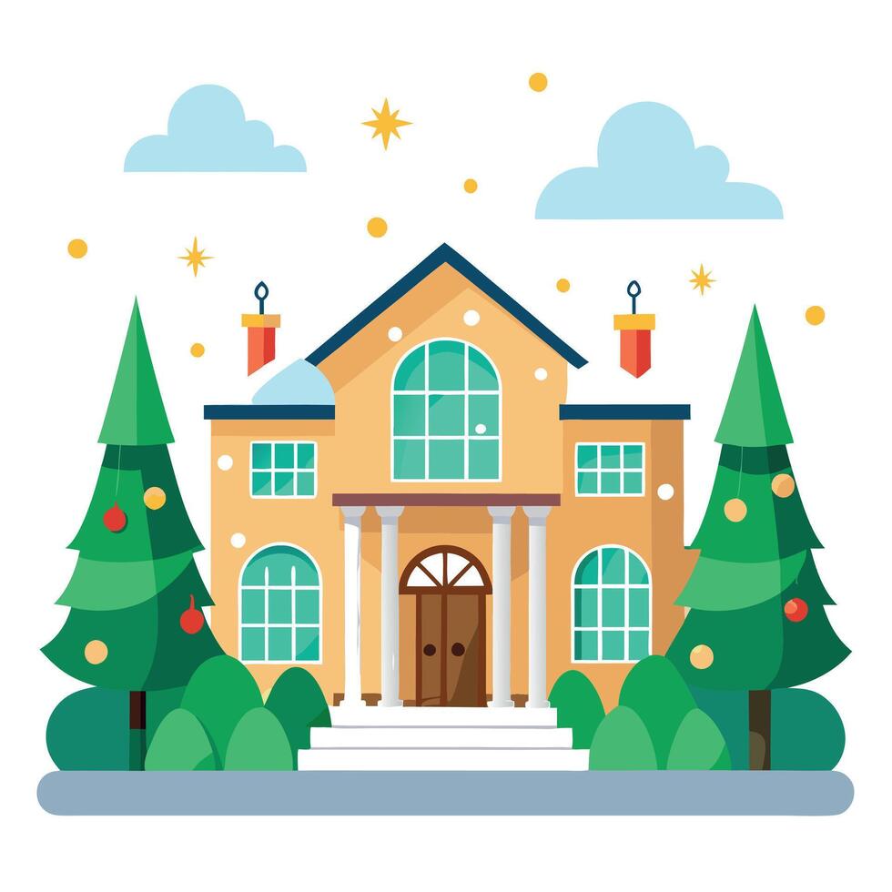 A wide angle shot of a villa decorated for Christmas with lights and Christmas trees vector