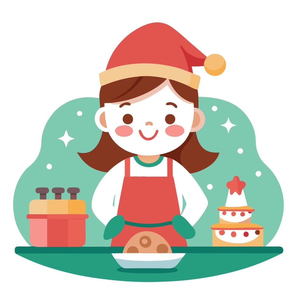 Happy funny little girl bake christmas cookies on cozy kitchen at home . Design ai vector