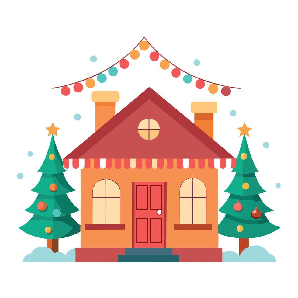 House decorated with garland lights for the holidays. Merry christmas and happy new year concept. vector