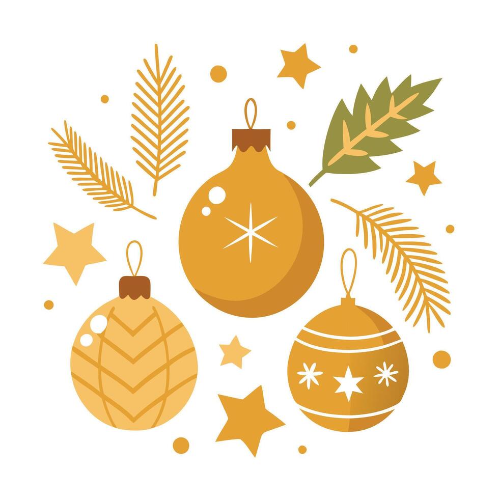 Golden christmas items. fir branches on a white blackground vector