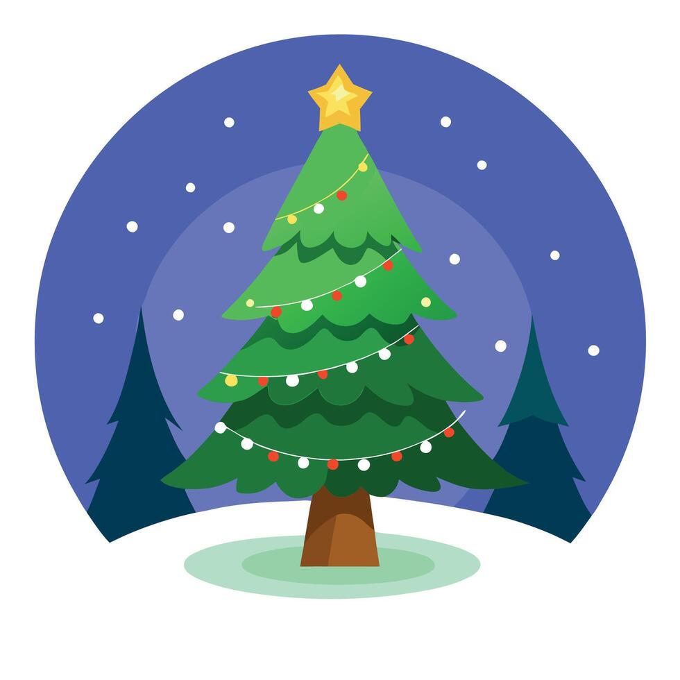 An illuminated christmas tree with glowing lights in the middle of a forest. vector