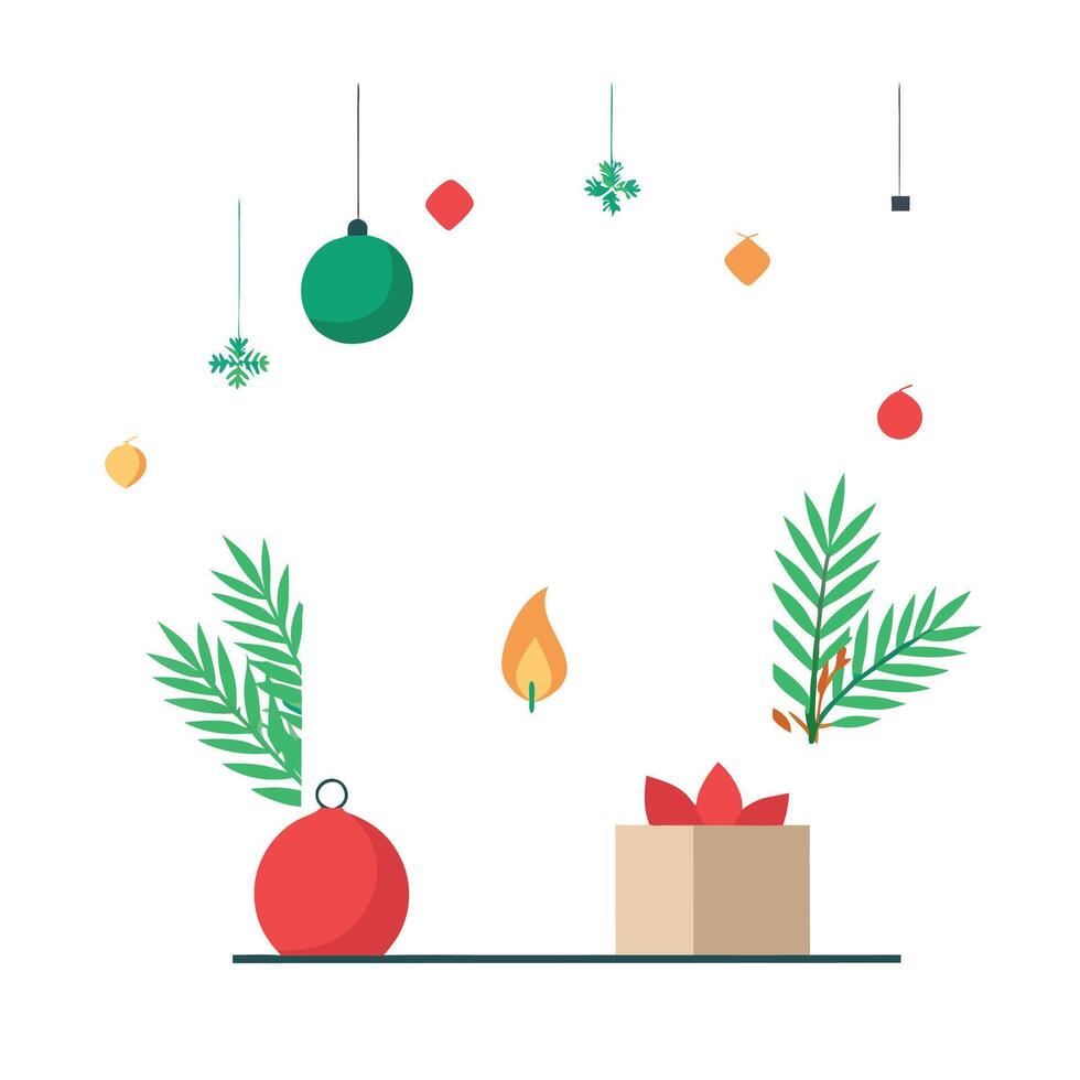 Christmas ornaments and candles adorn the white canvas on the wall. vector