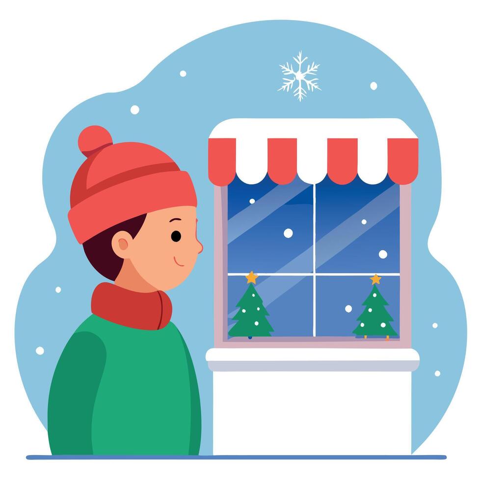 A child looks at a store window in winter. Christmas. vector