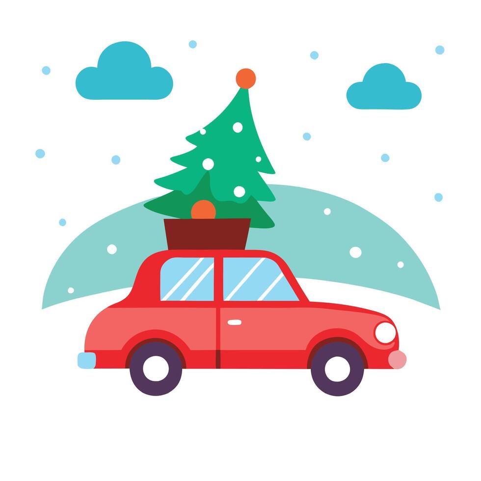 Red car carrying a Christmas tree on the roof in a snowy. vector