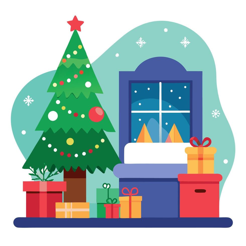 Christmas with presents trees and gifts in a living room. vector