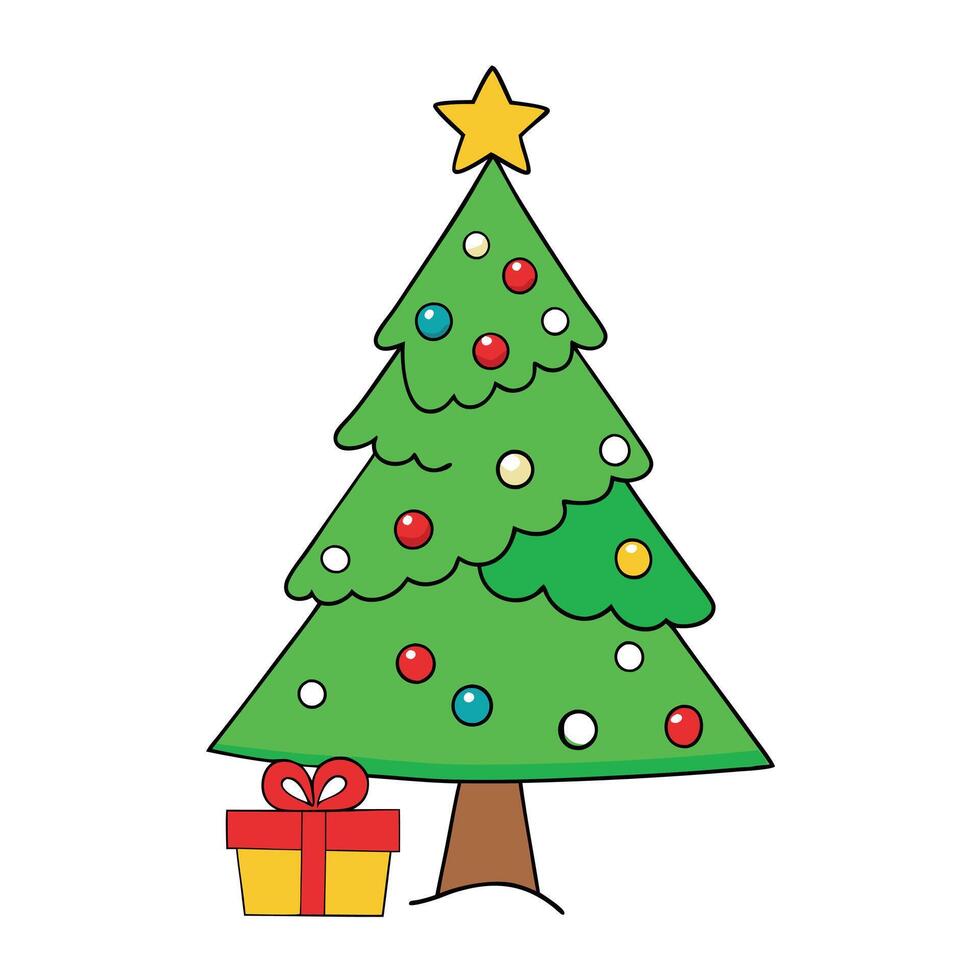Illustration of a christmas tree with red and green decorations and presents. vector