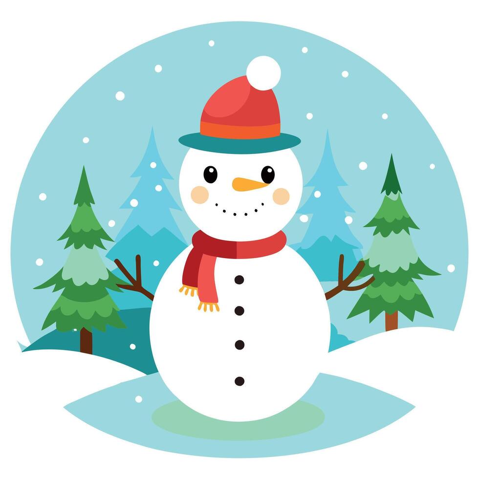Happy snowman standing in garden landscape for christmas vector