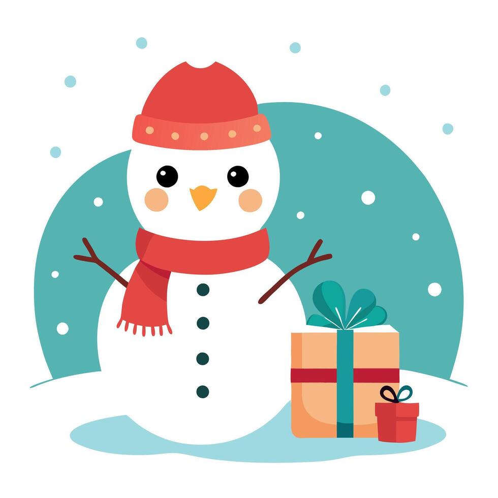 Cute little snowman and little christmas present in the snow vector