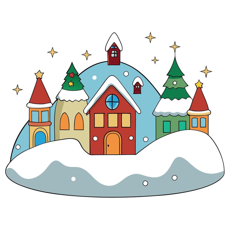 Little winter Christmas town. whimsical art. digital art. illustration vector