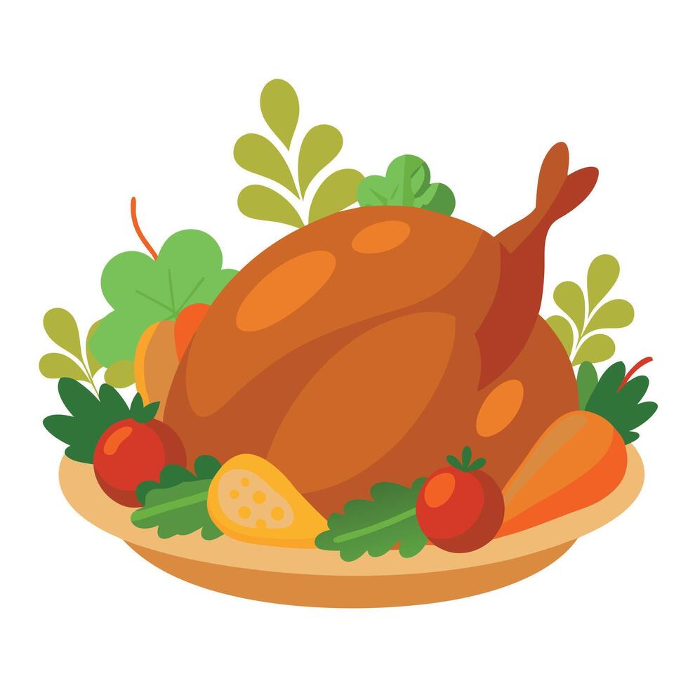 Roasted turkey with vegetables and herbs is a traditional dish for thanksgiving or christmas day. vector