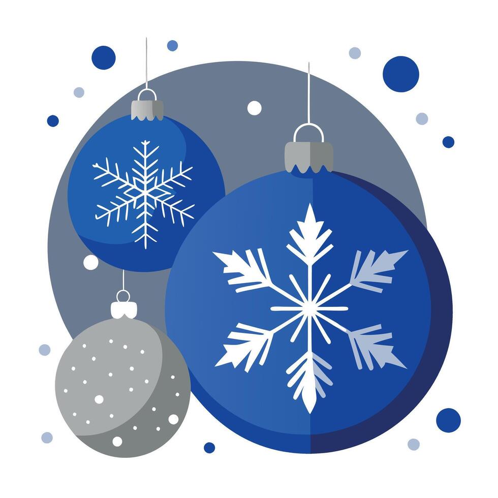 Blue Merry Christmas Background with Silver and Snowflake Decorations and Balls. vector