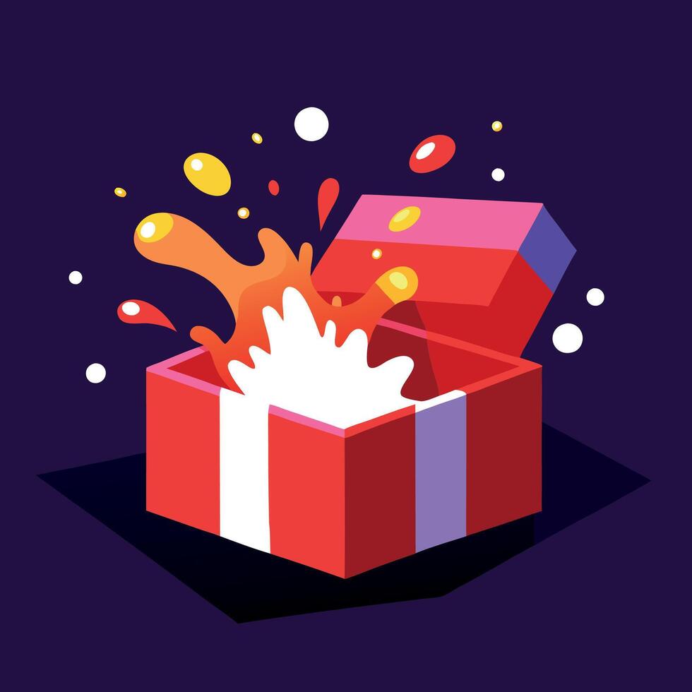Open red gift box with light and splash effect on dark background. vector