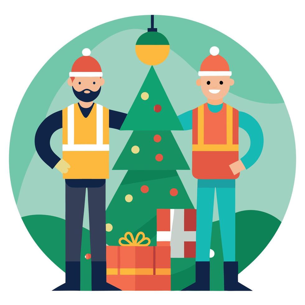 Two construction workers are standing on christmas decoration construction vector