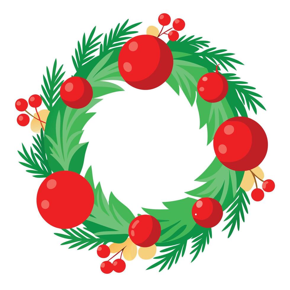 Christmas wreath with pines and red christmas balls and berries vector