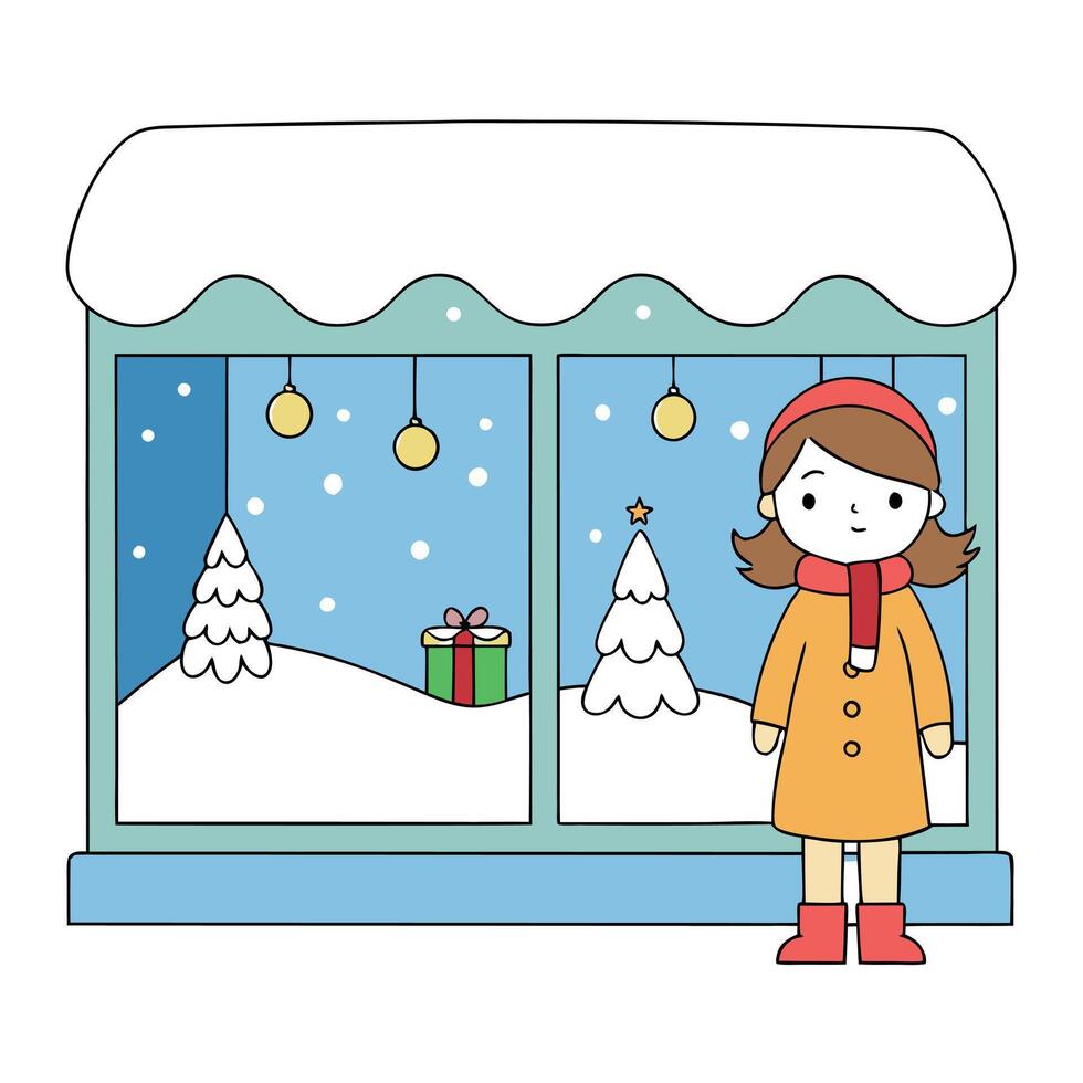 Little girl looking at some christmas decorations in the window of a shop in winter snow vector