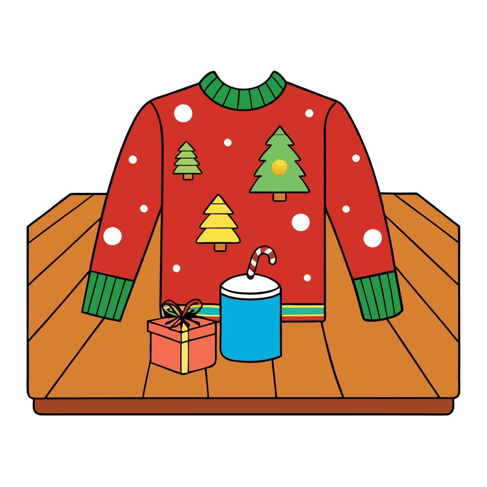 Flat lay of colorful National Ugly Christmas Sweater Day decorations on a wooden table vector