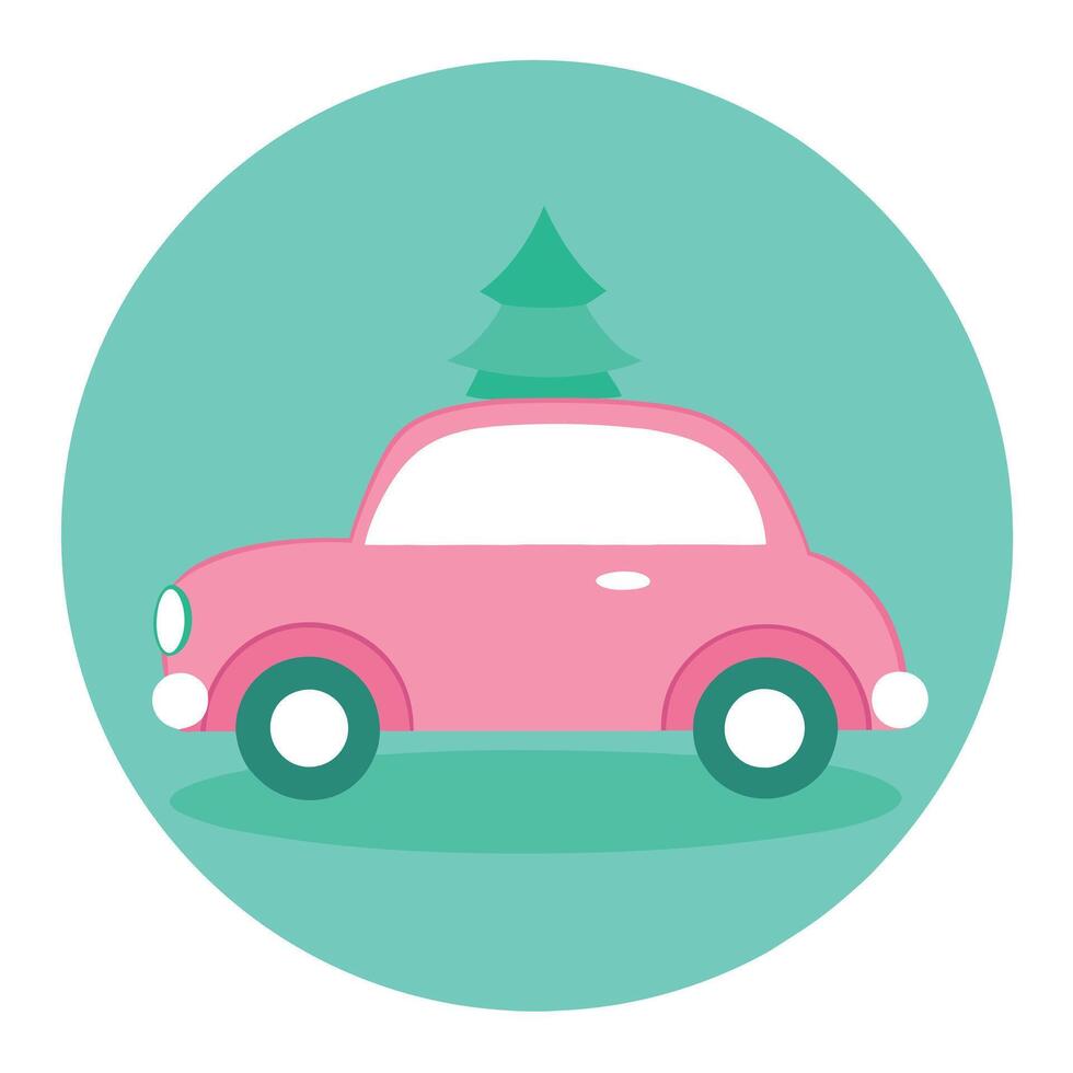 A retro pink car with a Christmas tree on the roof. against a mint green background. vector