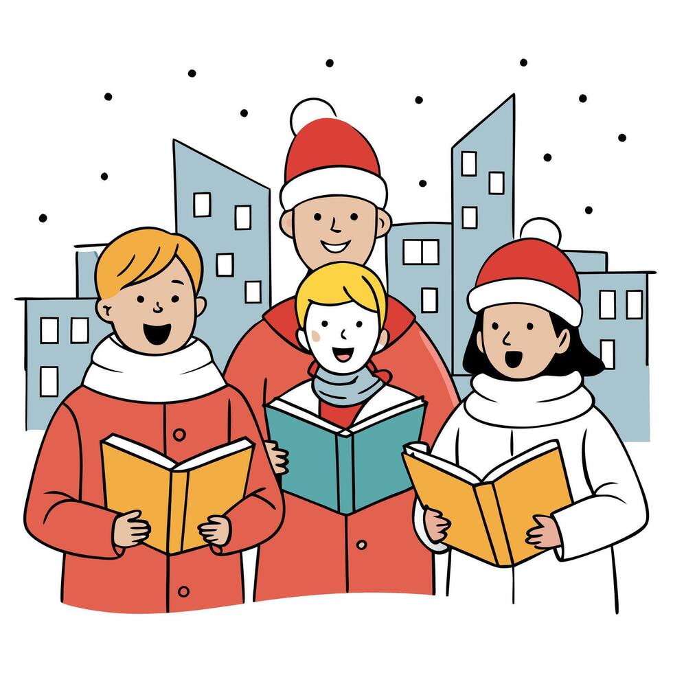 Teenagers Carolers singing traditional songs in city street on christmas eve vector