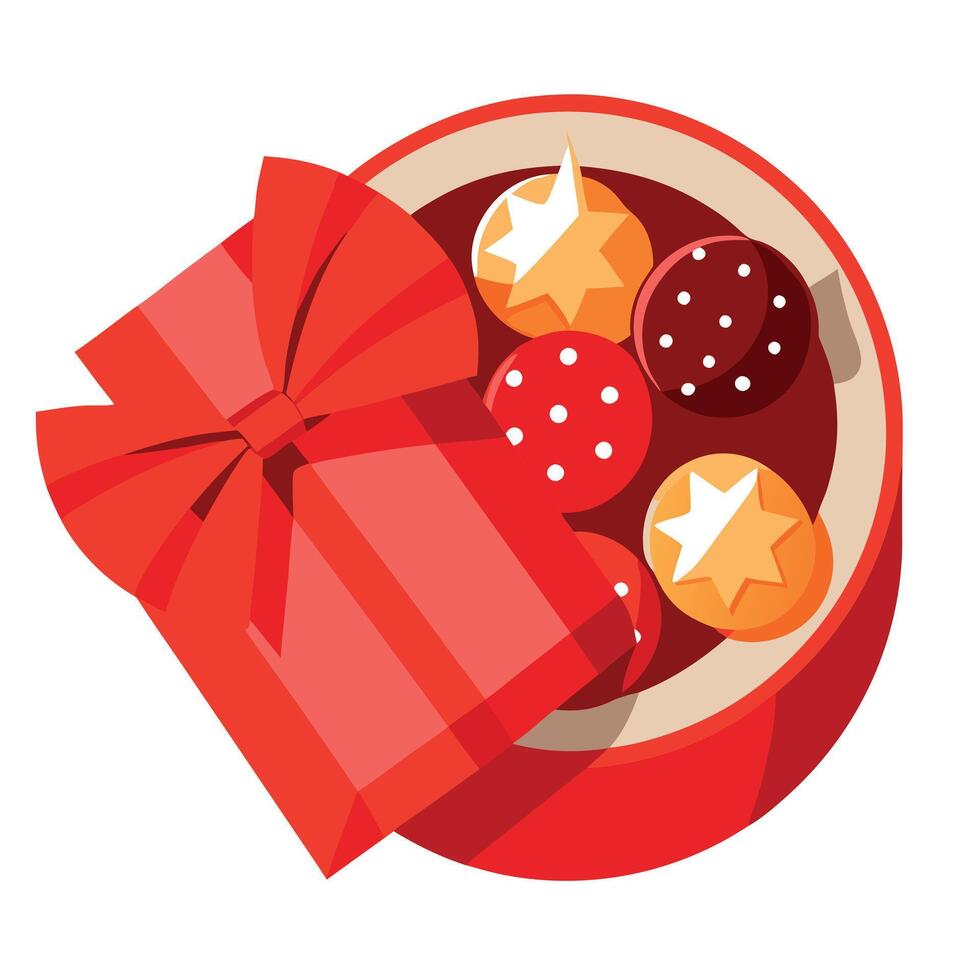 Christmas luxury candy box. Red box with chocolates and truffles top view. vector