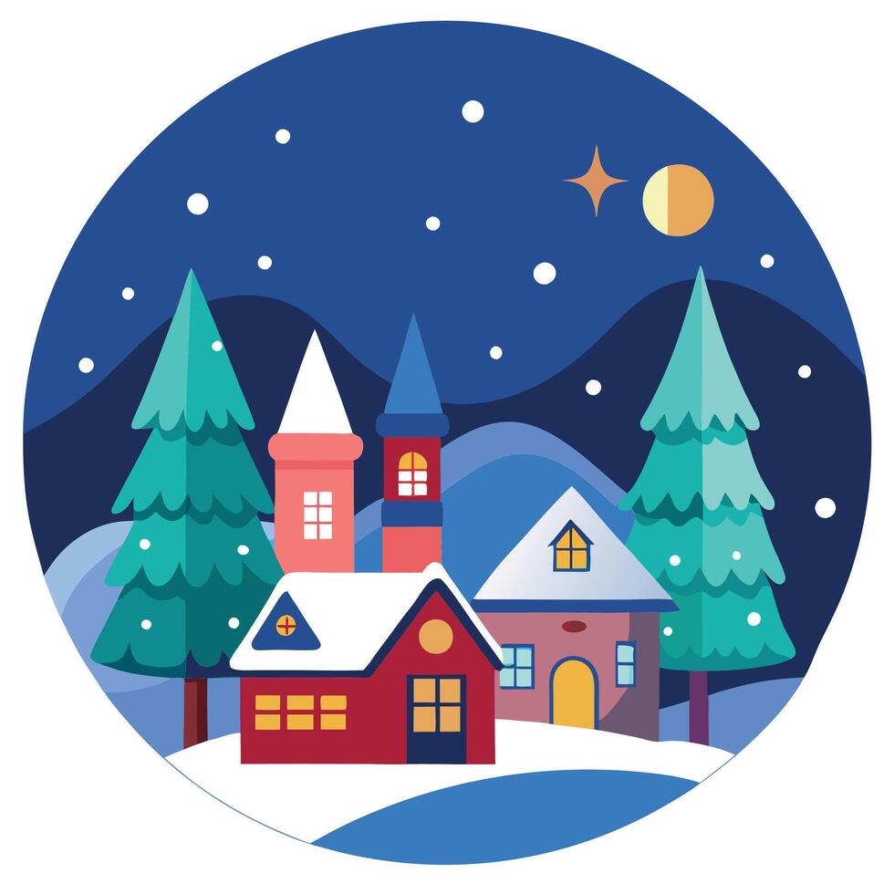 Christmas village winter at night backdrop. Christmas background. vector