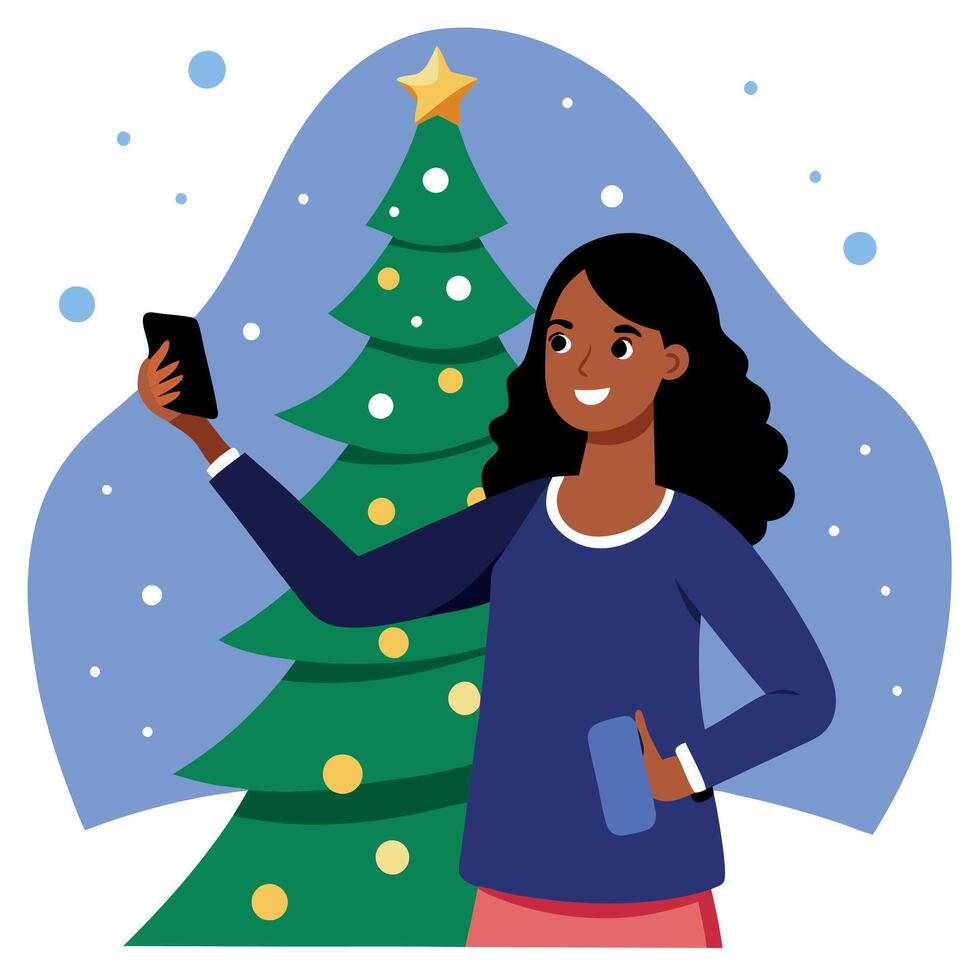 Black woman taking a selfie next to christmas tree at snowy night vector