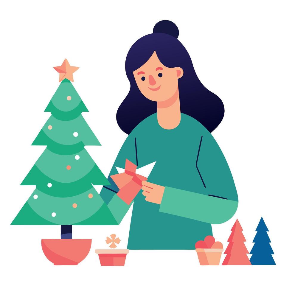 A woman decorating a christmas tree vector