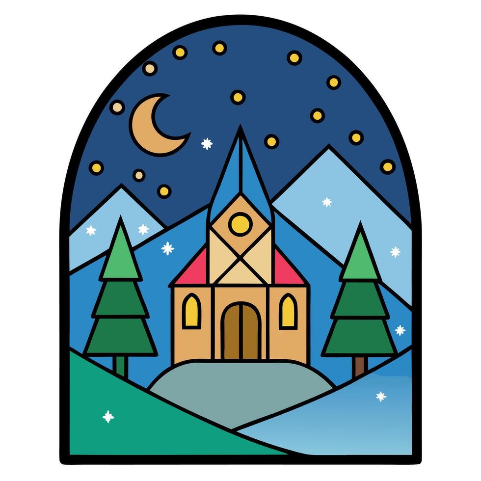 Colorful stained glass art of a winter night scene. celebrating christmas in church vector