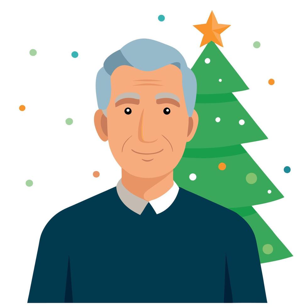 Portrait of smiling senior man standing in front of christmas tree vector