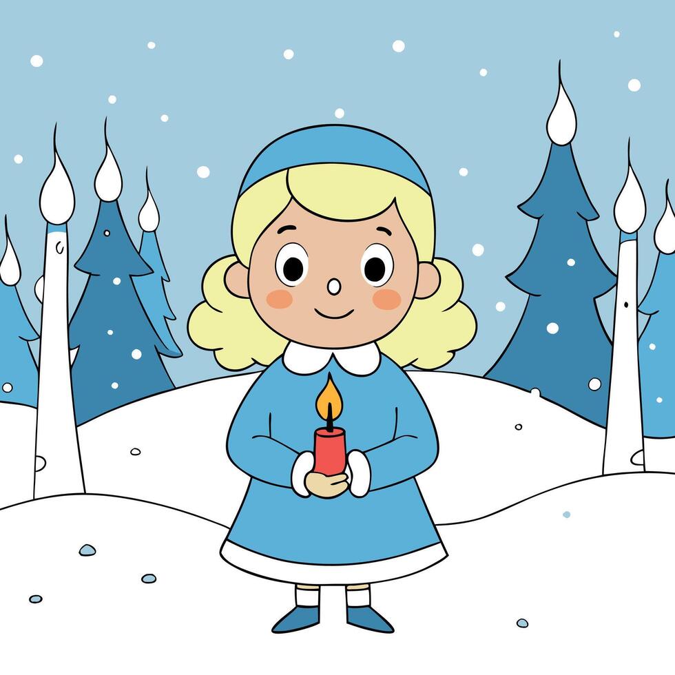 Winter fairytale. Little smiling girl with candle in frozen forest on Christmas eve vector