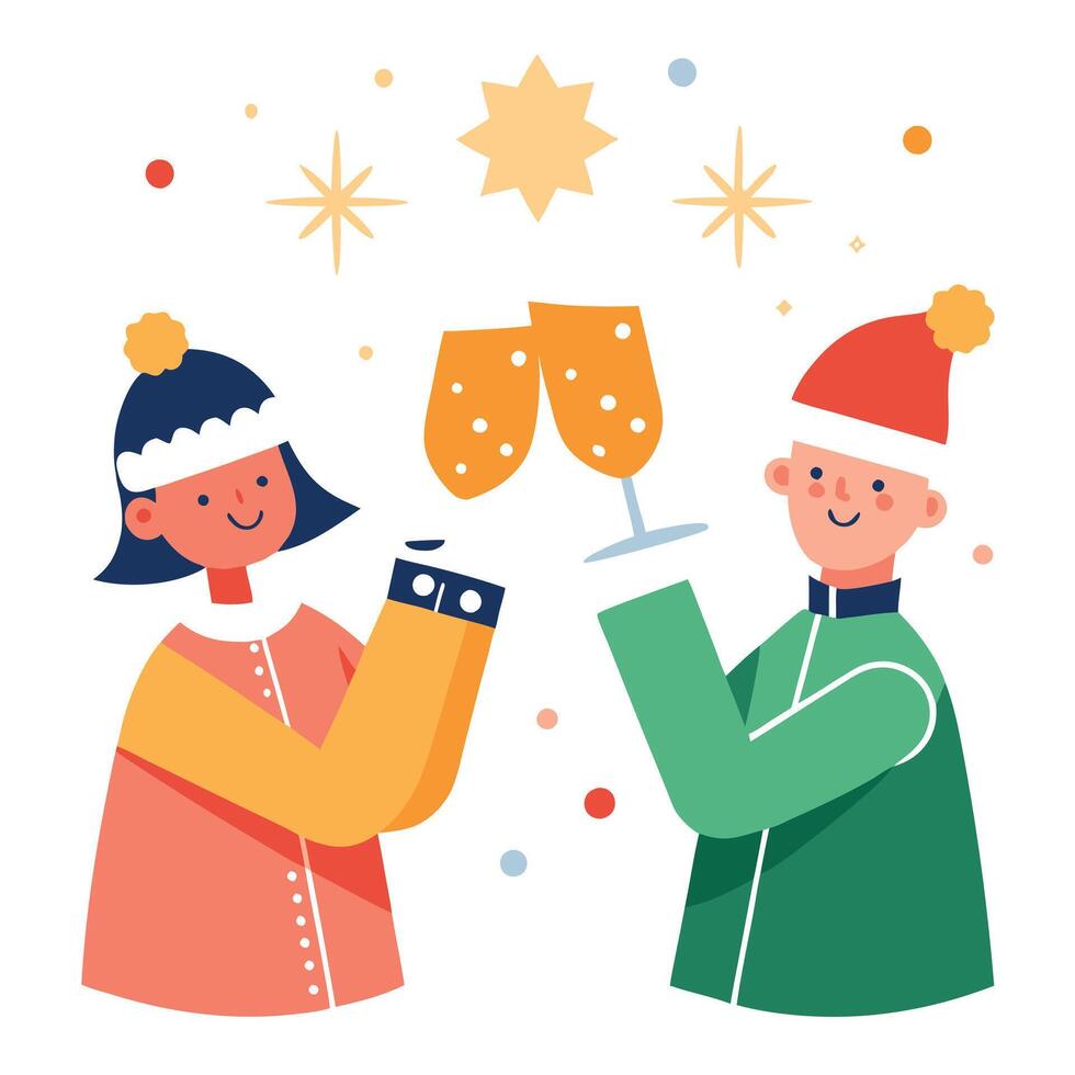 Close up of people toasting with christmas champagne glasses. vector