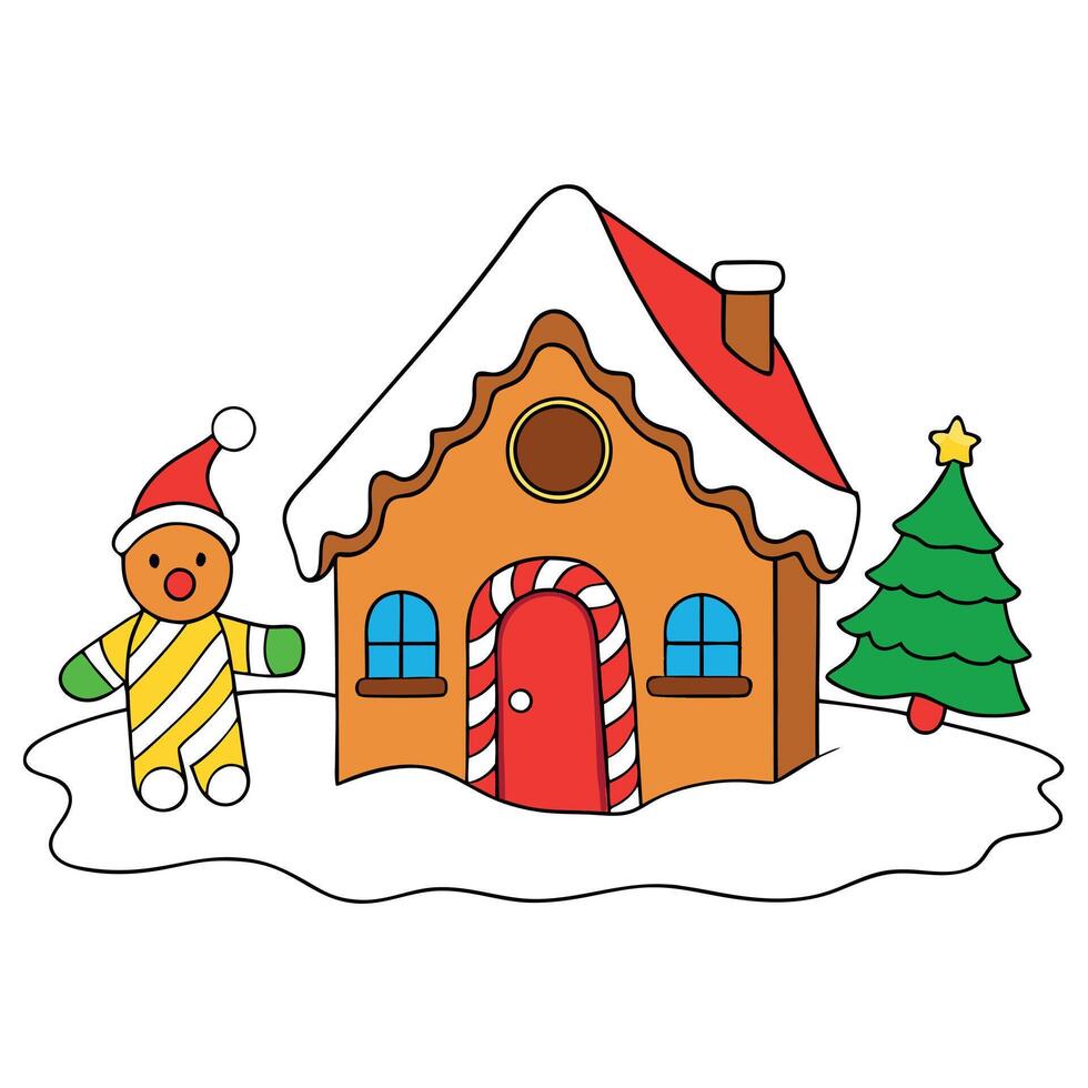Winter christmas gingerbread house. snowy landscape background. santa workshop vector