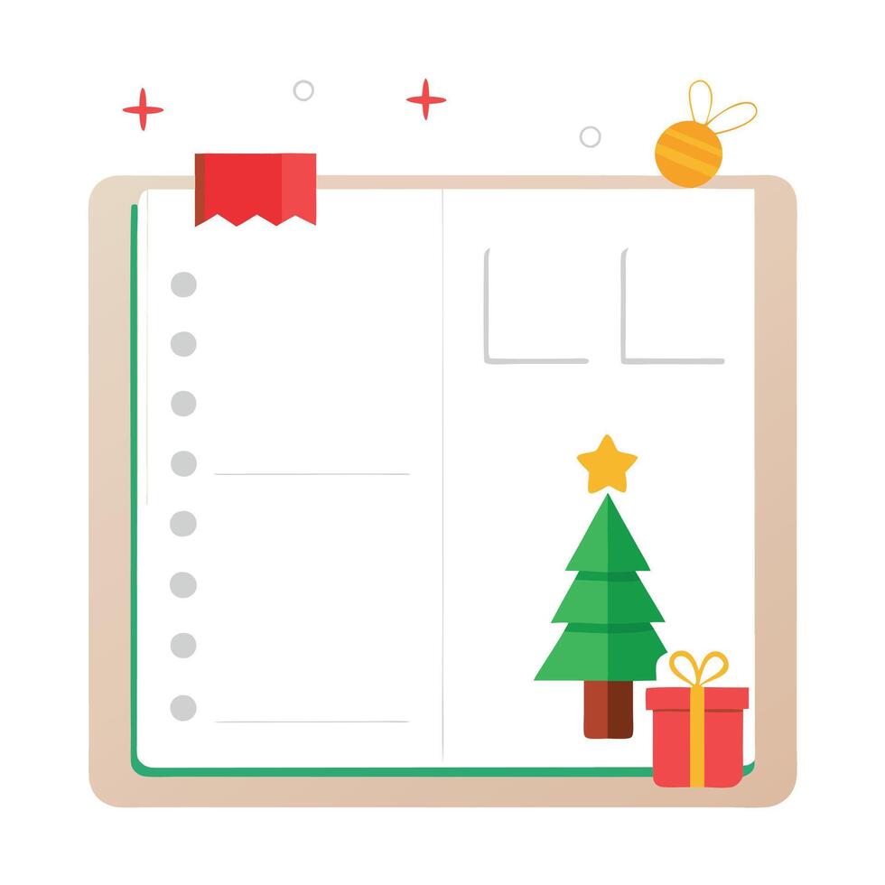 White blank flat lay empty mock up of open planner with christmas tree and decorations vector