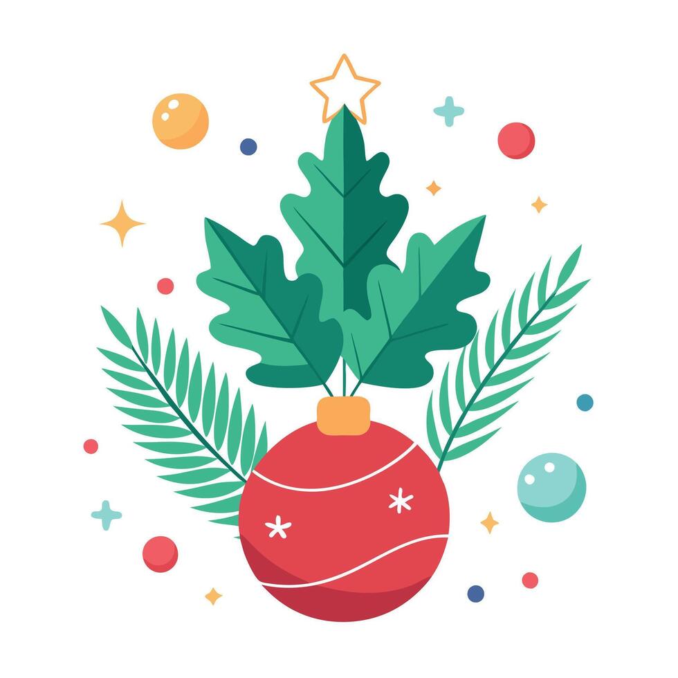 Merry christmas and new year plain background plant and balls arrangement plain background vector