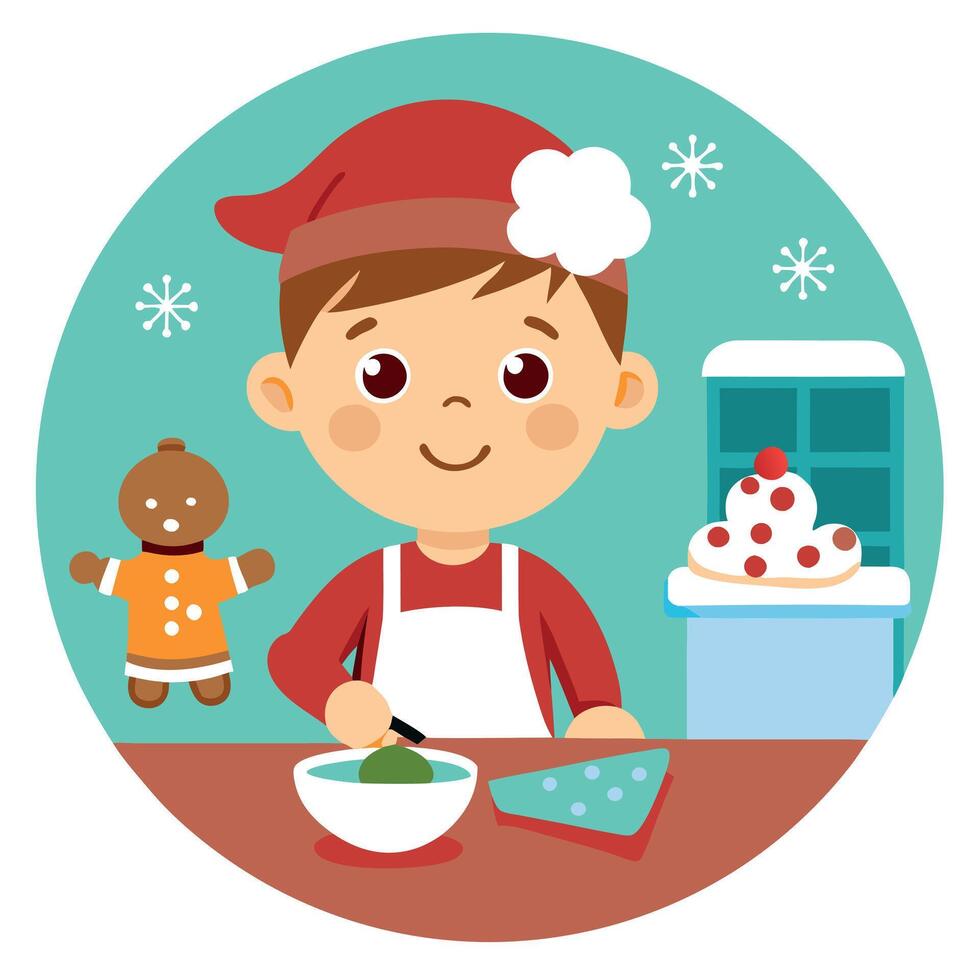 Cute little boy making gingerbread cookies in christmas decorated kitchen vector