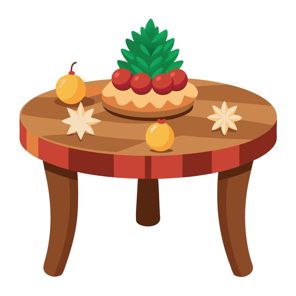 A wooden table topped with christmas decorations and pine cones on top of it. vector