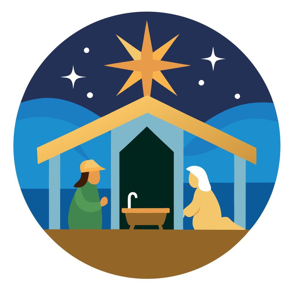 Jesus born in Bethlehem Barn With Star. Christian Religious Christmas. vector