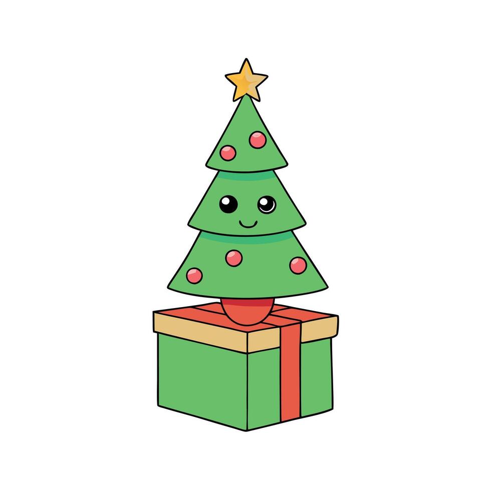 A small christmas tree sitting on top of a gift box. a small christmas tree on a present box. vector